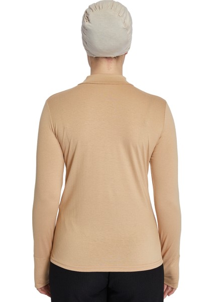 Hafif Balıkçı Yakalı Parmak Geçmeli Likralı Organik Kadın Body - Koyu Bej - L-XL indirimleri