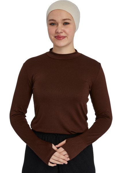 Hafif Balıkçı Yakalı Parmak Geçmeli Likralı Organik Kadın Body - Çikolata - L-XL