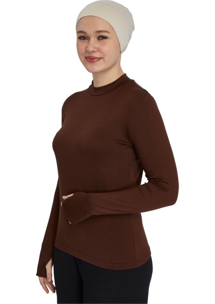 Hafif Balıkçı Yakalı Parmak Geçmeli Likralı Organik Kadın Body - Çikolata - L-XL modelleri