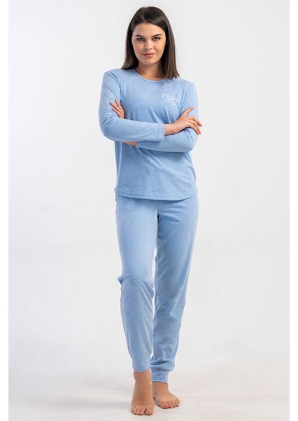 Kadın Mavi Renk Uzun Kollu Bisiklet Yaka Lastikli Paça Pijama Takımı C6T8N0305