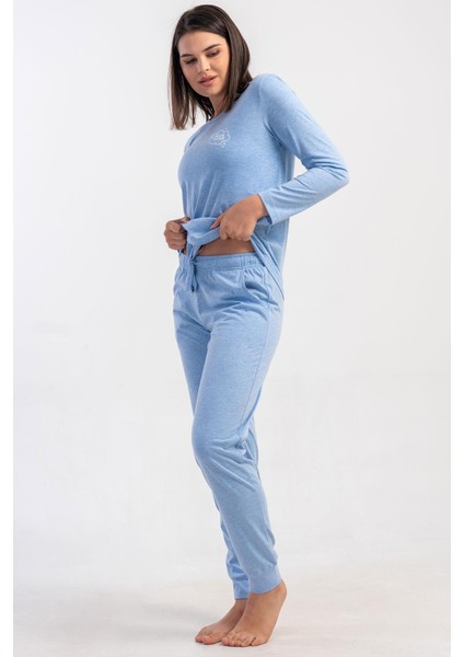 Kadın Mavi Renk Uzun Kollu Bisiklet Yaka Lastikli Paça Pijama Takımı C6T8N0305 fiyatları