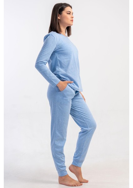 Kadın Mavi Renk Uzun Kollu Bisiklet Yaka Lastikli Paça Pijama Takımı C6T8N0305 modelleri