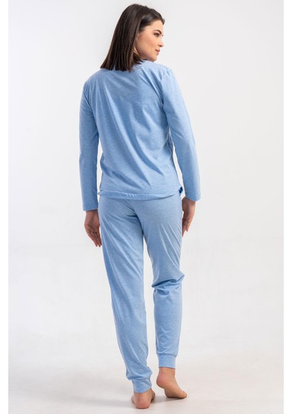 Kadın Mavi Renk Uzun Kollu Bisiklet Yaka Lastikli Paça Pijama Takımı C6T8N0305 fırsatları