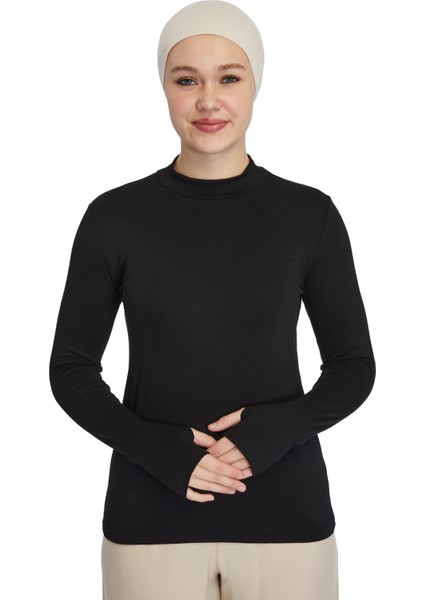 Hafif Balıkçı Yakalı Parmak Geçmeli Likralı Organik Kadın Body - Siyah - L-XL