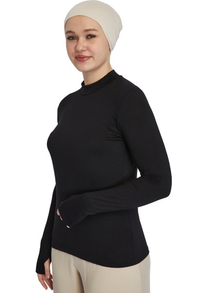 Hafif Balıkçı Yakalı Parmak Geçmeli Likralı Organik Kadın Body - Siyah - L-XL fiyatları