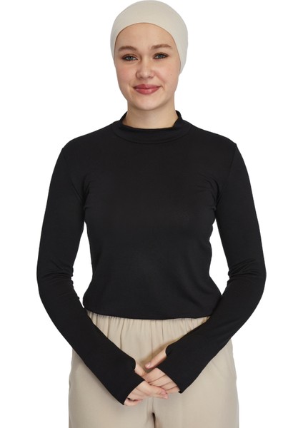 Hafif Balıkçı Yakalı Parmak Geçmeli Likralı Organik Kadın Body - Siyah - L-XL modelleri