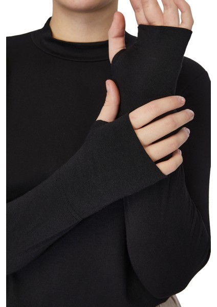 Hafif Balıkçı Yakalı Parmak Geçmeli Likralı Organik Kadın Body - Siyah - L-XL fırsatları