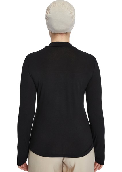 Hafif Balıkçı Yakalı Parmak Geçmeli Likralı Organik Kadın Body - Siyah - L-XL indirimleri