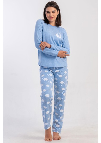 Kadın Mavi Renk Uzun Kollu Bisiklet Yaka 2 Iplik Pijama Takımı C8T8N0305