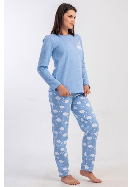 Kadın Mavi Renk Uzun Kollu Bisiklet Yaka 2 Iplik Pijama Takımı C8T8N0305 fiyatları