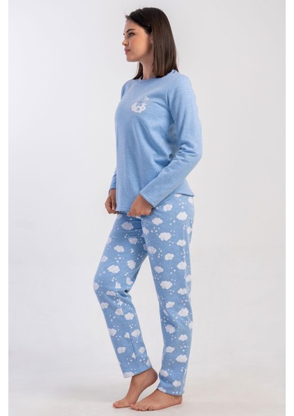 Kadın Mavi Renk Uzun Kollu Bisiklet Yaka 2 Iplik Pijama Takımı C8T8N0305 modelleri