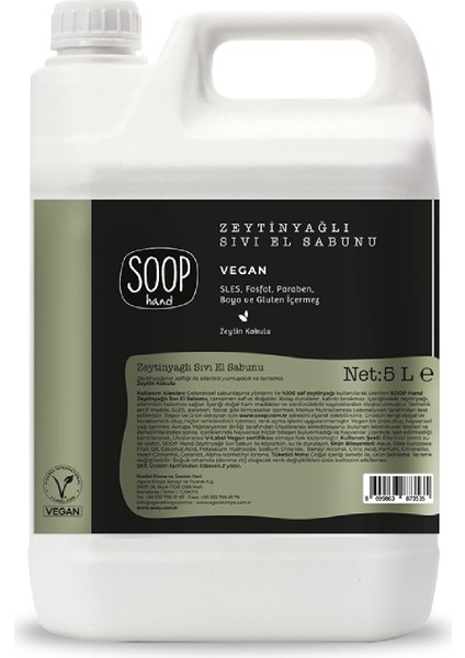 Sıvı El Sabunu Zeytinyağlı 5 L Refill | %100 Saf Zeytinyağlı | Vegan Ve Doğal İçerik | Kolay Durulanır