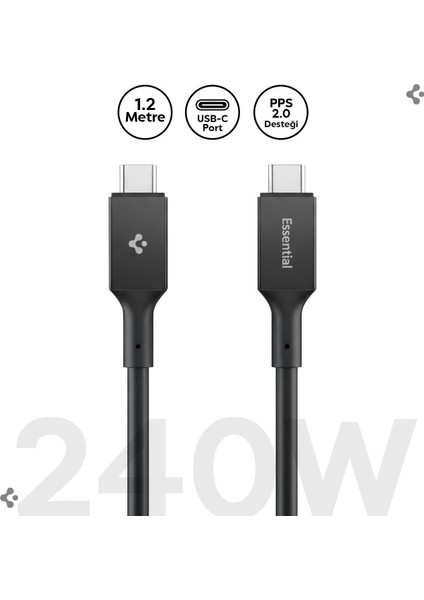 USB-C to USB-C 1.2 Metre Kablo 240W Güç / PPS 2.0 Desteği Super Hızlı Şarj / 40Gbps (E-Marker Çip) Data Aktarım Hızı / 8K Görüntü Aktarım / PD USB4 Gen3 Type-C Ekstra Dayanıklı Black - ACA09461