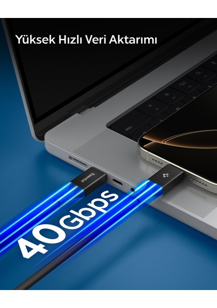 USB-C to USB-C 1.2 Metre Kablo 240W Güç / PPS 2.0 Desteği Super Hızlı Şarj / 40Gbps (E-Marker Çip) Data Aktarım Hızı / 8K Görüntü Aktarım / PD USB4 Gen3 Type-C Ekstra Dayanıklı Black - ACA09461
