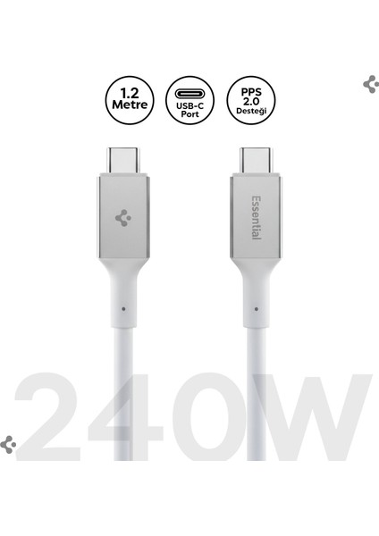 USB-C to USB-C 1.2 Metre Kablo 240W Güç / PPS 2.0 Desteği Super Hızlı Şarj / 40Gbps (E-Marker Çip) Data Aktarım Hızı / 8K Görüntü Aktarım / PD USB4 Gen3 Type-C Ekstra Dayanıklı White - ACA08776