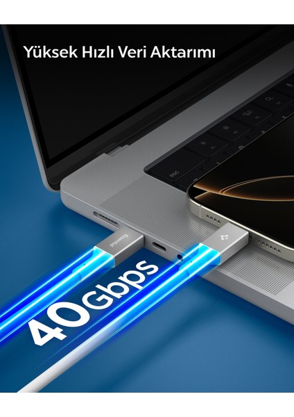 USB-C to USB-C 1.2 Metre Kablo 240W Güç / PPS 2.0 Desteği Super Hızlı Şarj / 40Gbps (E-Marker Çip) Data Aktarım Hızı / 8K Görüntü Aktarım / PD USB4 Gen3 Type-C Ekstra Dayanıklı White - ACA08776