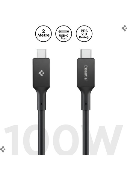 USB-C to USB-C 2 Metre Kablo 100W Güç / PPS 2.0 Desteği Super Hızlı Şarj / 5 Gbps (E-Marker Çip) Data Aktarım Hızı / PD USB 3.2 Type-C Ekstra Dayanıklı MFI Lisanslı Black - ACA09460