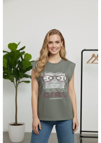 Kadın Haki Cool Girl Yazı Baskılı Tişört T-Shirt