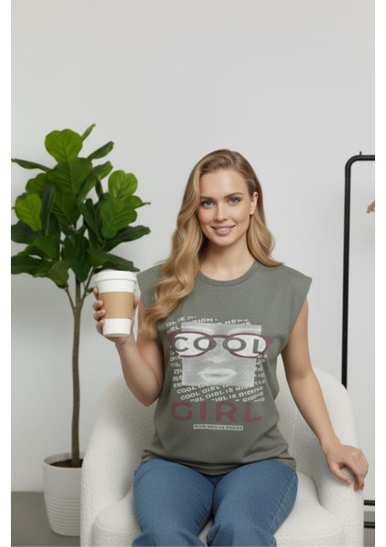 Kadın Haki Cool Girl Yazı Baskılı Tişört T-Shirt modelleri