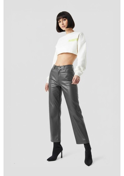 Kadın Yüksek Bel Parlak Mum Kumaş Wide Leg Jean Pantolon fırsatları