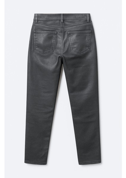 Kadın Yüksek Bel Parlak Mum Kumaş Wide Leg Jean Pantolon