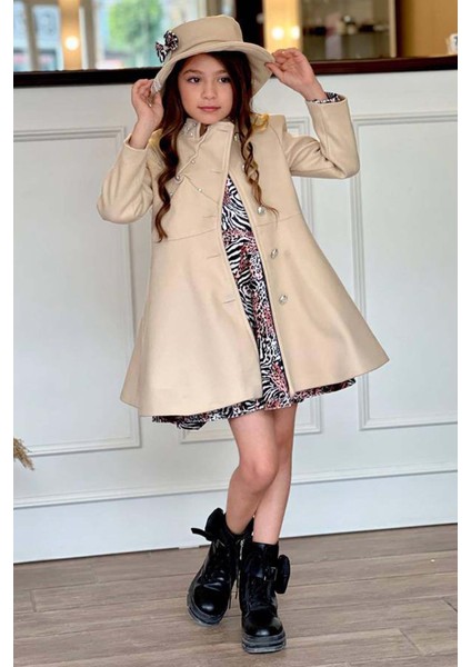 Kız Çocuk Leopar Desen Elbise Taş Işleme Yaka Boydan Düğme ve Kemer Detaylı Krem Kaşe Kaban