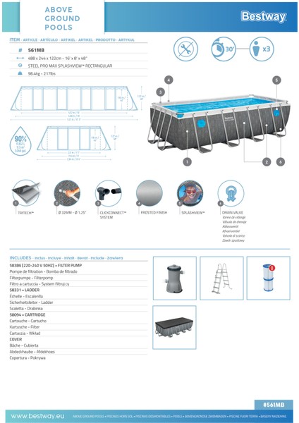 ® Steel Pro Max™ Splashview™ 561MB Dikdörtgen Yerüstü Havuz Seti 4,88 M x 2,44 M x 1,22 M