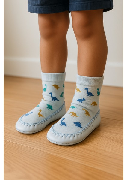 Çocuk Dinozor Desenli Makosen Soket Çorap Patik Panduf – Kaydırmaz Ev & Anaokulu Ayakkabısı Mavi