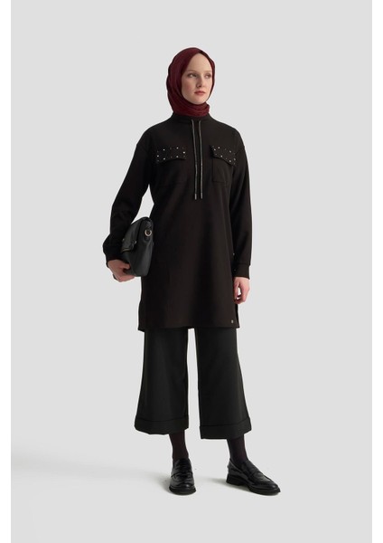 Cep Kapağı Taş Detaylı Taşlı Bağcıklı Crep Tunik Siyah 25KT451