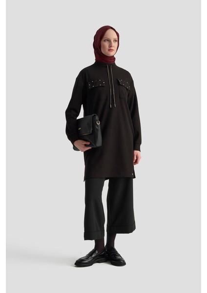 Cep Kapağı Taş Detaylı Taşlı Bağcıklı Crep Tunik Siyah 25KT451 fiyatları