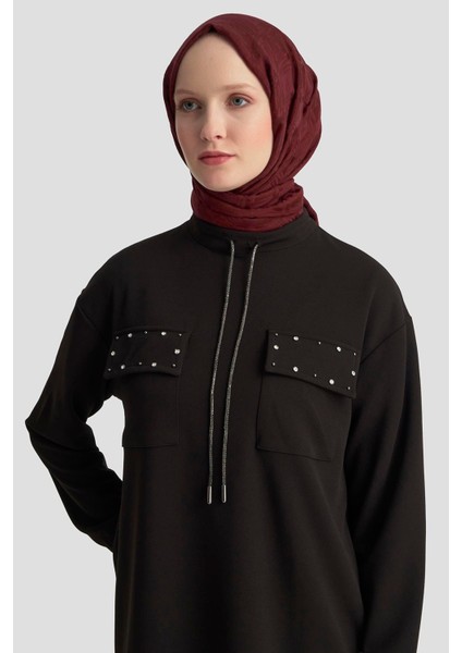 Cep Kapağı Taş Detaylı Taşlı Bağcıklı Crep Tunik Siyah 25KT451 modelleri