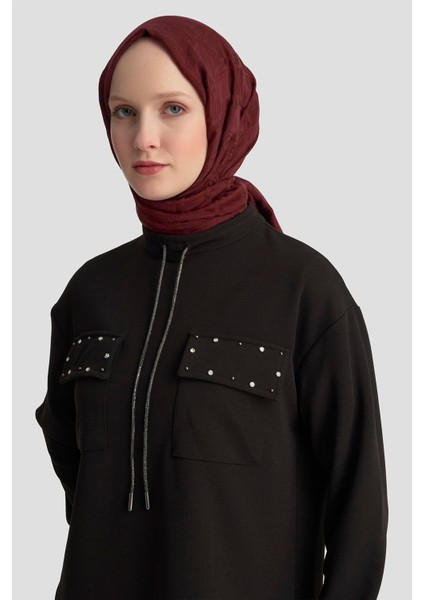 Cep Kapağı Taş Detaylı Taşlı Bağcıklı Crep Tunik Siyah 25KT451 fırsatları