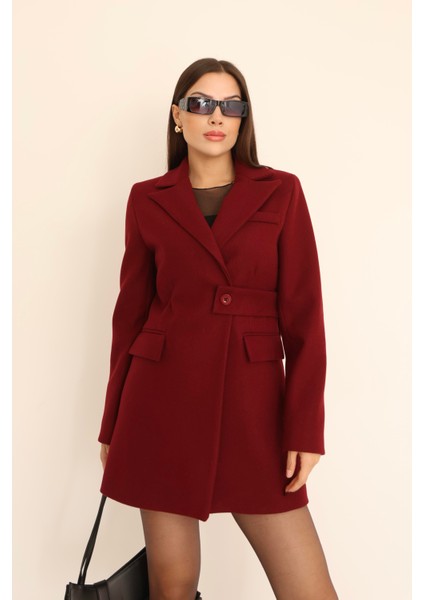 Kadın Bordo Yandan Kemer Detaylı Kaşe Kaban fırsatları