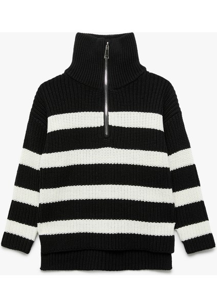Yarım Fermuarlı Balıkçı Yaka Uzun Kollu Çizgili Triko Kazak