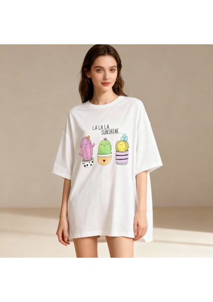 Cactus Mood – Trip Yok, Kaktüs Mod On! Oversize T-Shirt Beyaz %100 Pamuklu Özel Tasarım Baskı