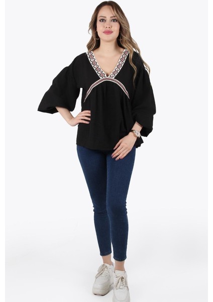 1335 Yalı Çapkını Kilim Desen Şeritli Balon Kol Bluz indirimleri