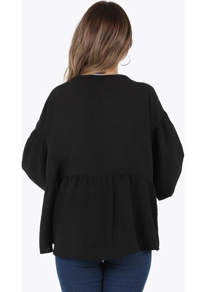 1335 Yalı Çapkını Kilim Desen Şeritli Balon Kol Bluz