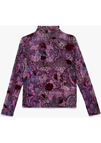 Dik Yaka Uzun Kollu Slim Fit Çiçekli Tişört