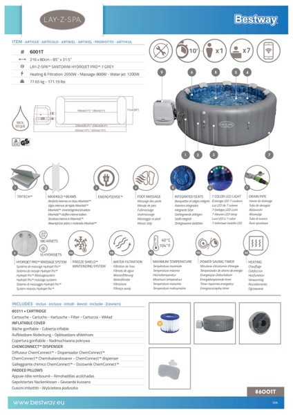Lay-Z-Spa® 6001T Santorini Smart Hydrojet Pro™ Enerji Tasarruflu Şişme Spa Havuzu, Mobil Uygulama Kontrollü, 5-7 Kişilik