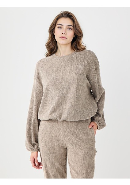 Vizon Bisiklet Yaka Beli Lastikli Örme Sweatshirt