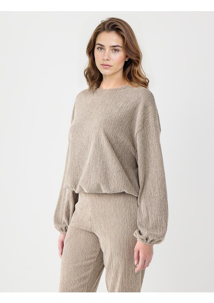 Vizon Bisiklet Yaka Beli Lastikli Örme Sweatshirt modelleri