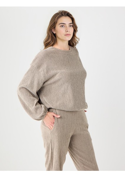 Vizon Bisiklet Yaka Beli Lastikli Örme Sweatshirt fırsatları