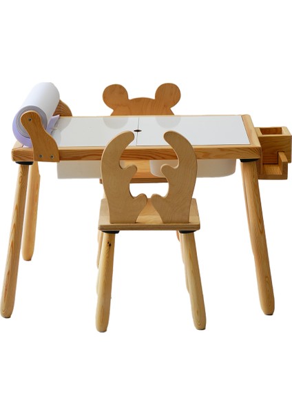 & Doğal Ahşap Duyusal Çocuk Aktivite Masası Oyun Masası ve Çocuk Çalışma Masası 2 Sandalye Seti(Rulo Aparatlı ve Kırtasiye Istasyonlu)