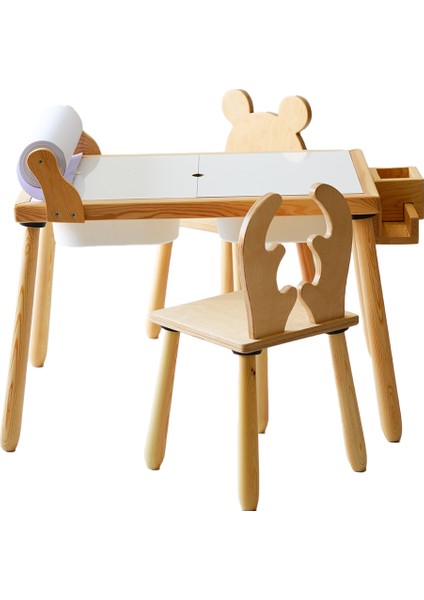 & Doğal Ahşap Duyusal Çocuk Aktivite Masası Oyun Masası ve Çocuk Çalışma Masası 2 Sandalye Seti(Rulo Aparatlı ve Kırtasiye Istasyonlu) fiyatları
