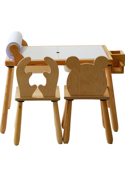 & Doğal Ahşap Duyusal Çocuk Aktivite Masası Oyun Masası ve Çocuk Çalışma Masası 2 Sandalye Seti(Rulo Aparatlı ve Kırtasiye Istasyonlu) modelleri