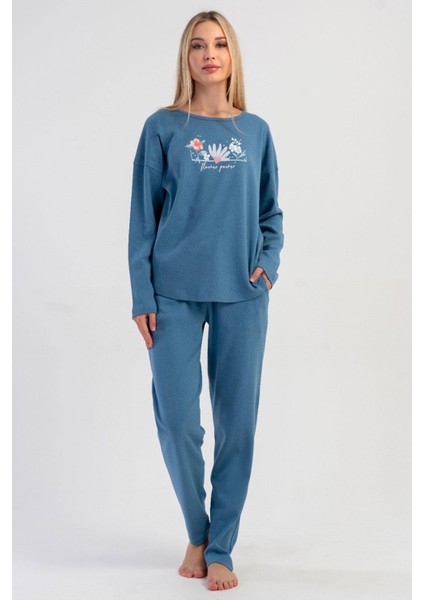 Kadın Mavi Renk Uzun Kollu Çiçek Desenli Interlok Pijama Takımı C2T6N0305
