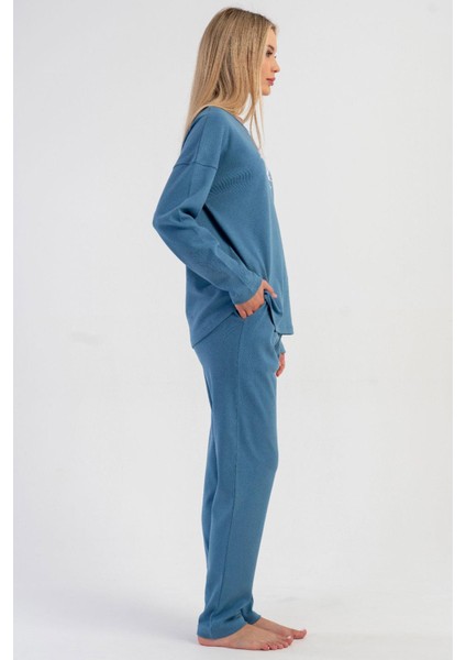 Kadın Mavi Renk Uzun Kollu Çiçek Desenli Interlok Pijama Takımı C2T6N0305 fiyatları