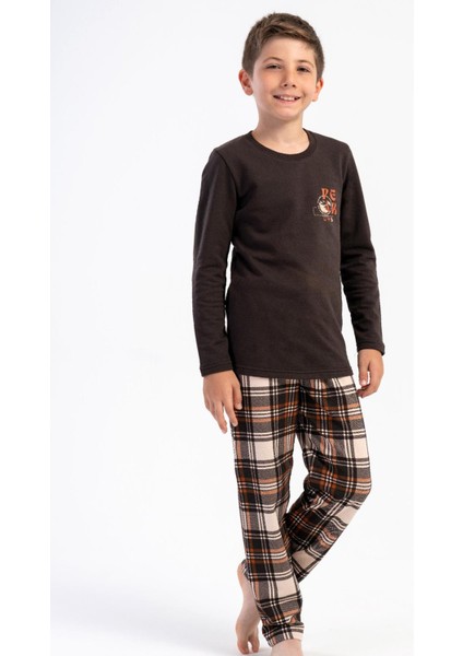 Erkek Çocuk Kahverengi Uzun Kollu Bisiklet Yaka Ekose Alt 2 Iplik Pijama Takımı C2T9N0305
