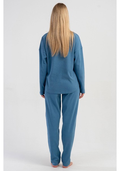 Kadın Mavi Renk Uzun Kollu Çiçek Desenli Interlok Pijama Takımı C2T6N0305 fırsatları
