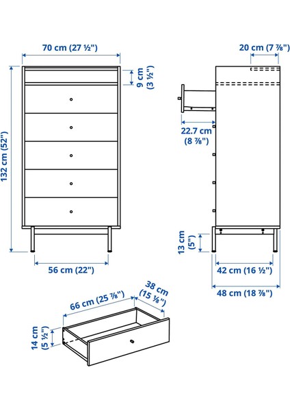 Radmansö 5 Çekmeceli Şifonyer Kahverengi Ceviz Görünüm 70 x 48 x 132 cm fiyatları